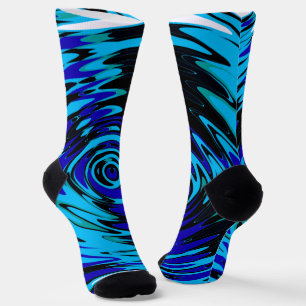 Blue and Black Crew Socks with Abstract Swirls