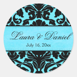 Blue and Black Damask 1.5" Wedding Sticker