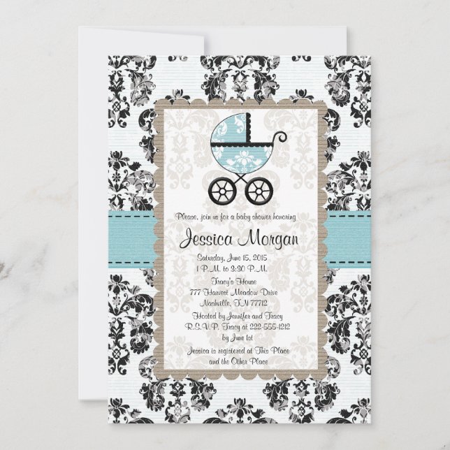 Blue and Black Damask Baby Shower Invitations (Front)