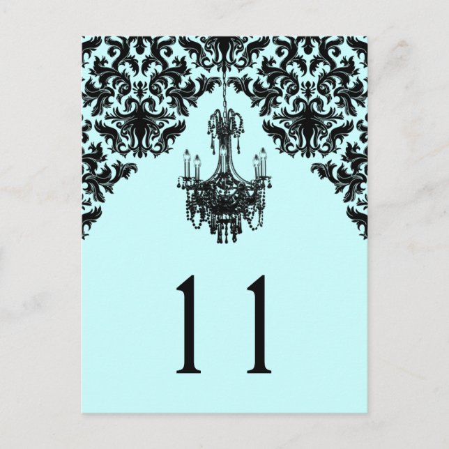 Blue and Black Damask Chandelier Table Number Postcard (Front)