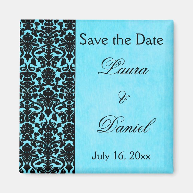 Blue and Black Damask Save the Date Magnet (Front)