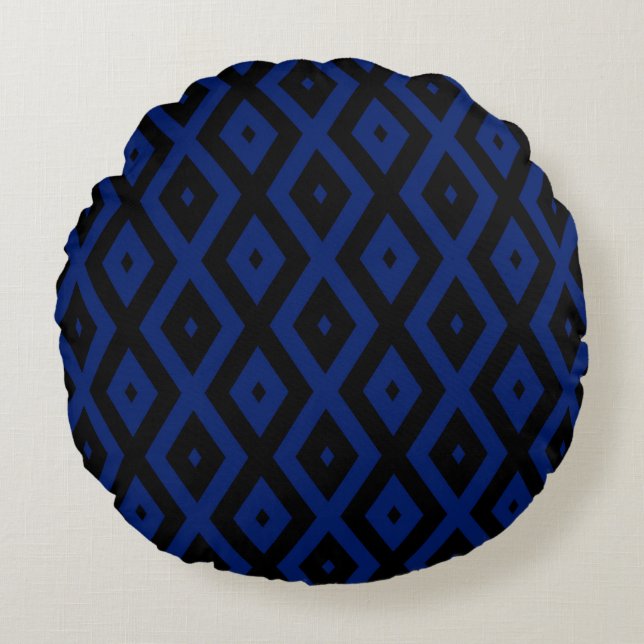 Blue and black diamond pattern round cushion (Front)