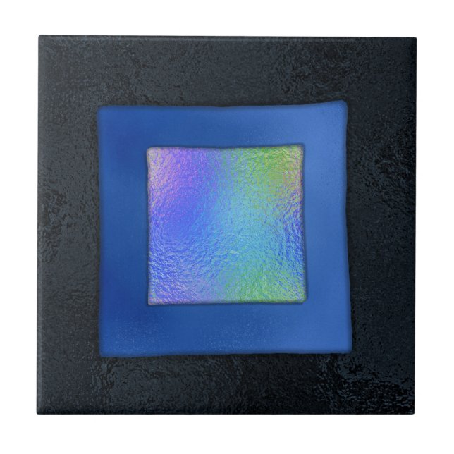 Blue and Black Dichroic Fused Glass Look Tile (Front)