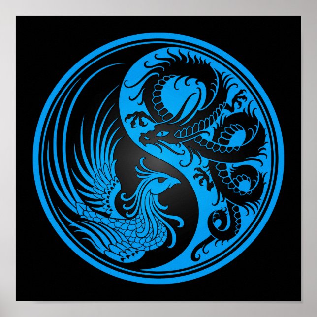 Blue and Black Dragon Phoenix Yin Yang Poster (Front)