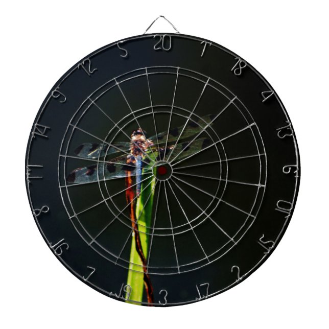 Blue and black  Dragonfly on green and red grass Dartboard (Front)