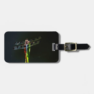 Blue and black  Dragonfly on green and red grass Luggage Tag