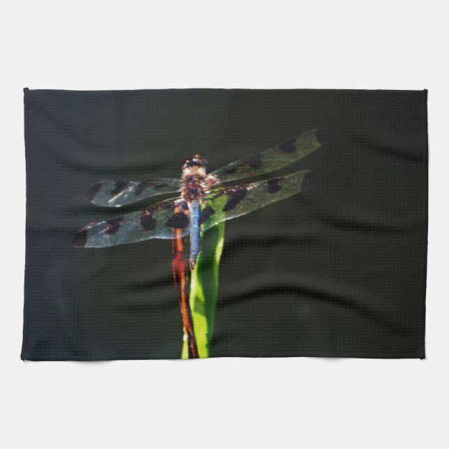 Blue and black  Dragonfly on green and red grass Tea Towel (Horizontal)