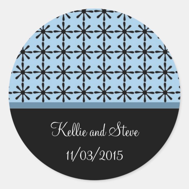 Blue and Black Floral Pattern Save the Date Classic Round Sticker (Front)