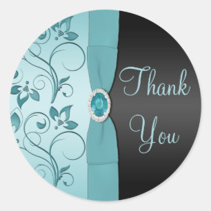 Blue and Black Floral Thank You Sticker