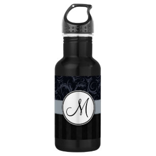 Blue and Black Floral Wisps, Stripes with Monogram 532 Ml Water Bottle