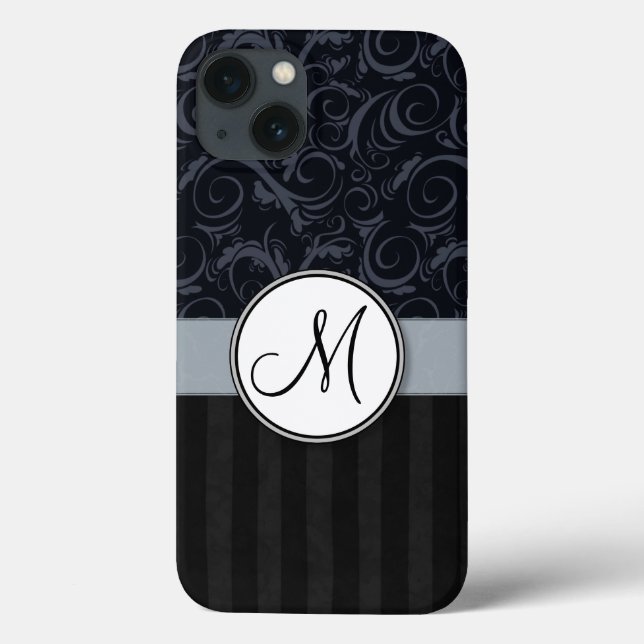 Blue and Black Floral Wisps, Stripes with Monogram Case-Mate iPhone Case (Back)