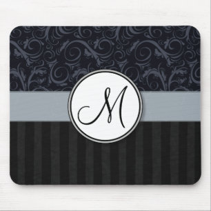 Blue and Black Floral Wisps, Stripes with Monogram Mouse Mat