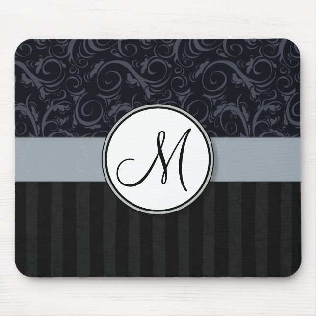 Blue and Black Floral Wisps, Stripes with Monogram Mouse Mat (Front)