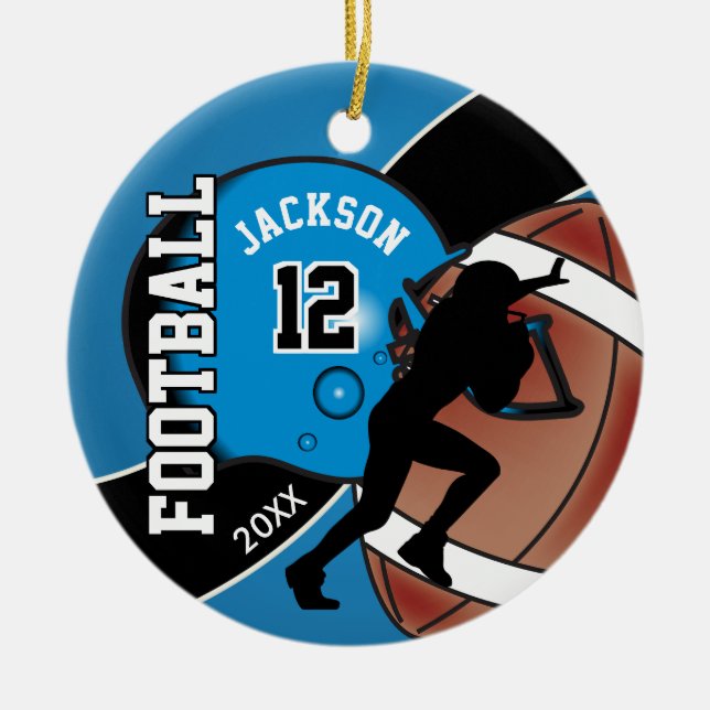 Blue and Black Football Player Ceramic Tree Decoration (Front)