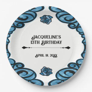 Blue and Black Gated Rose Princess Birthday Paper Plate