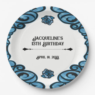 Blue and Black Gated Rose Princess Birthday  Paper Plate