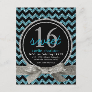 Blue and Black Glitter Look Chevron Sweet 16 Party Invitation