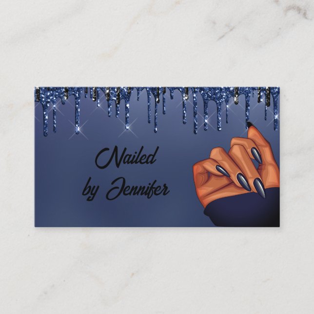 Blue and Black Glitter Nail Tech Business Card (Front)