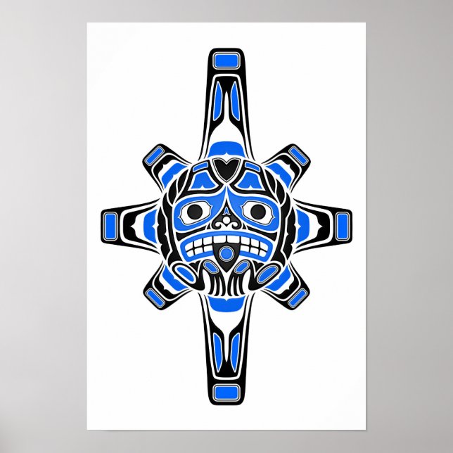 Blue and Black Haida Sun Mask on White Poster (Front)