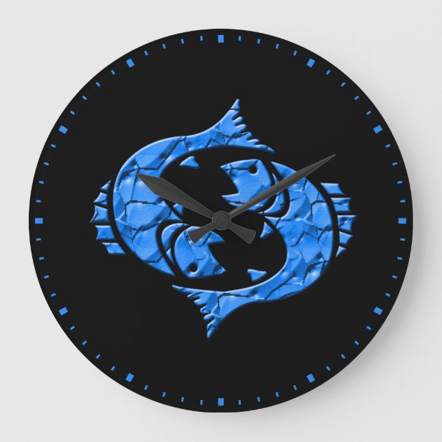 Blue and Black Horoscope Zodiac Sign Pisces Large Clock (Front)