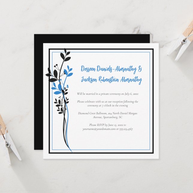Blue and Black Modern Botanical Reception Only | Invitation (Front/Back In Situ)