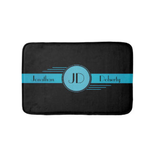 Blue and Black Monogram Art Deco Bath Mat