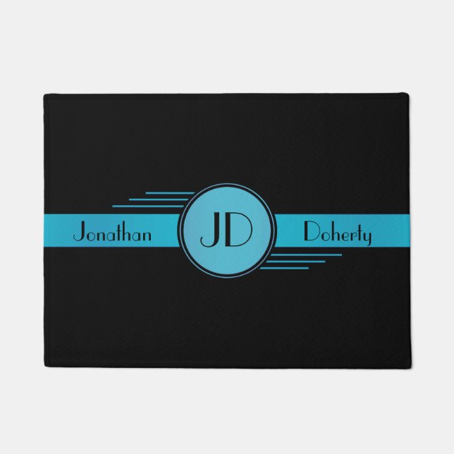 Blue and Black Monogram Art Deco Doormat (Front)