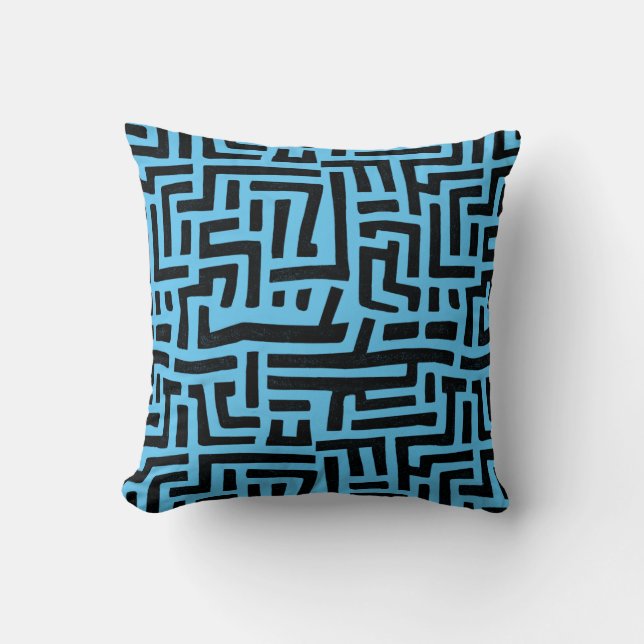 Blue And Black Motif | Geometric Maze Pattern Cushion (Front)