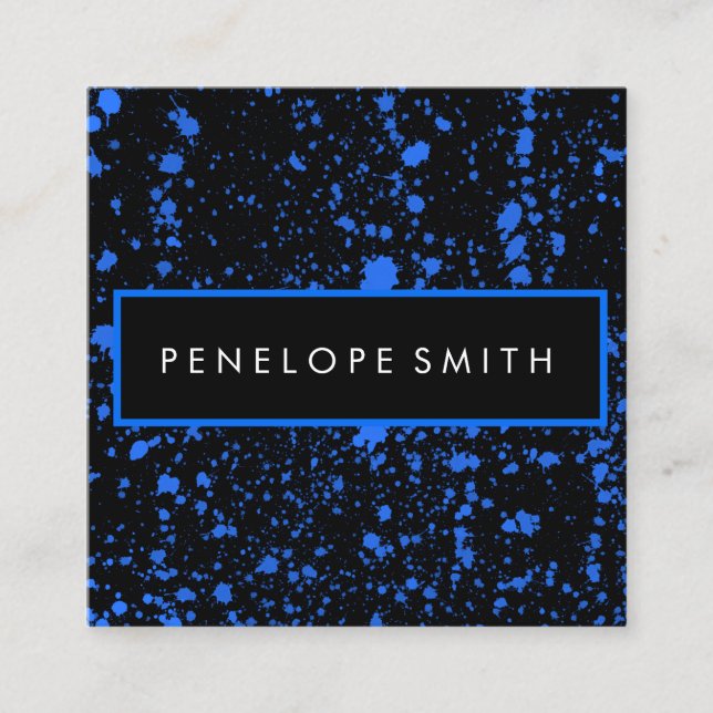 Blue and Black Paint Splatter Beauty Stylist  Squa Square Business Card (Front)