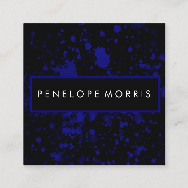 Blue and Black Paint Splatter Beauty Stylist  Square Business Card (Front)