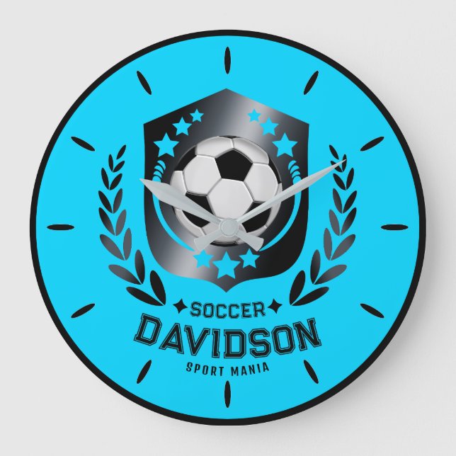 Blue and Black Personalized Soccer Custom Text  Large Clock (Front)