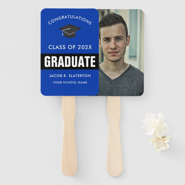 Blue and Black Photo Graduation Hand Fan (Front and Back)