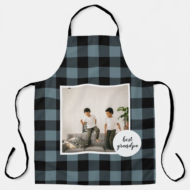 Blue And Black Plaid Best Grandpa Gift With Photo Apron (Front)