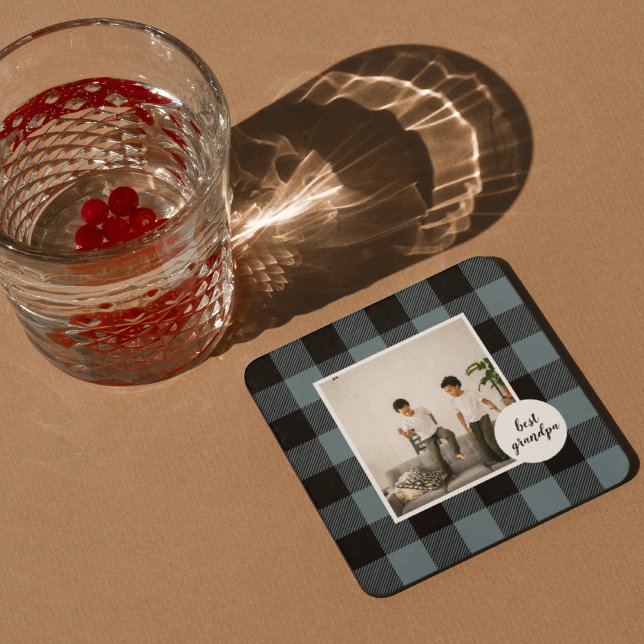 Blue And Black Plaid Best Grandpa Gift With Photo Coaster (Creator Uploaded)