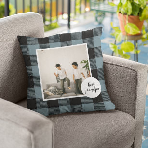 Blue And Black Plaid Best Grandpa Gift With Photo Cushion