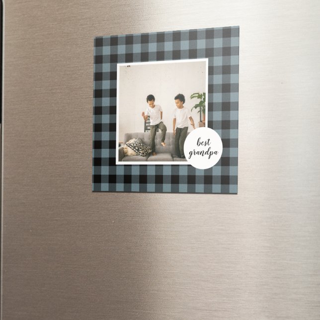 Blue And Black Plaid Best Grandpa Gift With Photo Magnet (Creator Uploaded)