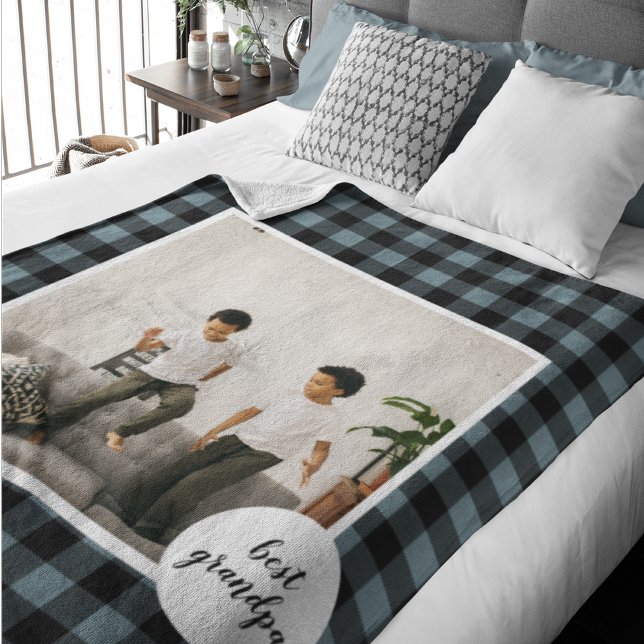 Blue And Black Plaid Best Grandpa Gift With Photo Sherpa Blanket (Creator Uploaded)
