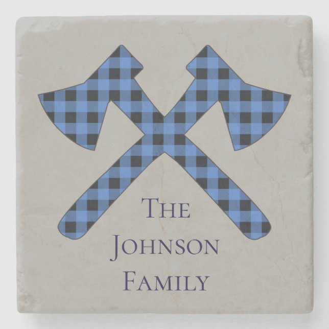 Blue and Black Plaid Cross Axe Stone Coaster (Front)