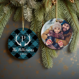 Blue and Black Plaid Rustic Antler Monogram Photo Ceramic Tree Decoration