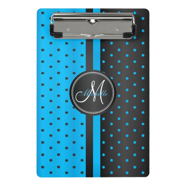 Blue and Black Polka Dots - Monogram Mini Clipboard (Front)