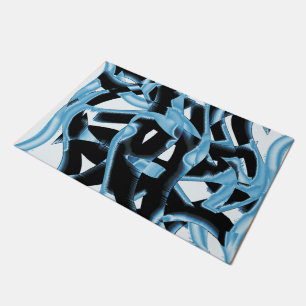 Blue and black scraps or ribbons being destroyed doormat