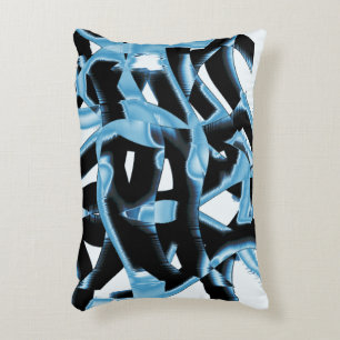 Blue and black scraps or tapes being destroyed decorative cushion