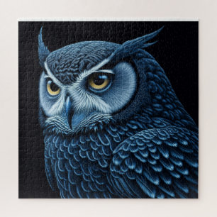 Blue and Black Serious Owl  Jigsaw Puzzle