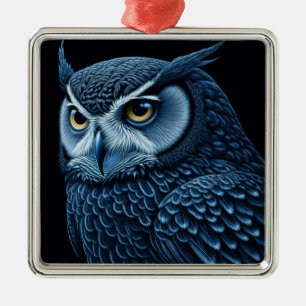 Blue and Black Serious Owl  Metal Tree Decoration