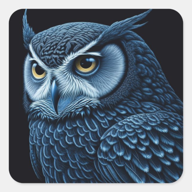 Blue and Black Serious Owl  Square Sticker (Front)
