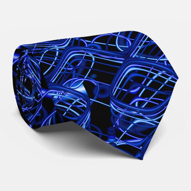 Blue and Black Squiggles Fractal Tie (Rolled)