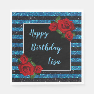 Blue And Black Stripes Glitter Red Roses Birthday Napkin