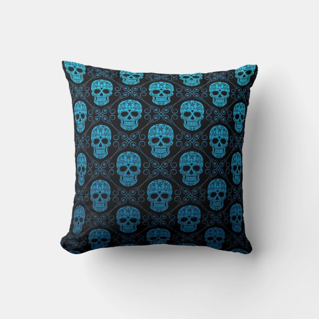 Blue and Black Sugar Skull Pattern Cushion (Front)