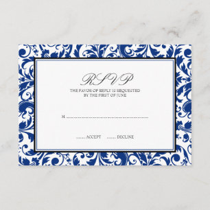 Blue and Black Swirl Damask Wedding Response Card