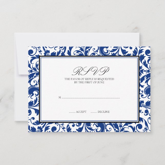 Blue and Black Swirl Damask Wedding Response Card (Front)